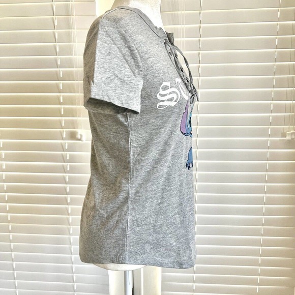 NWT Disney Stitch Size Small Light Grey Print Tee Shirt Lace Up Crew Neck - Picture 4 of 9